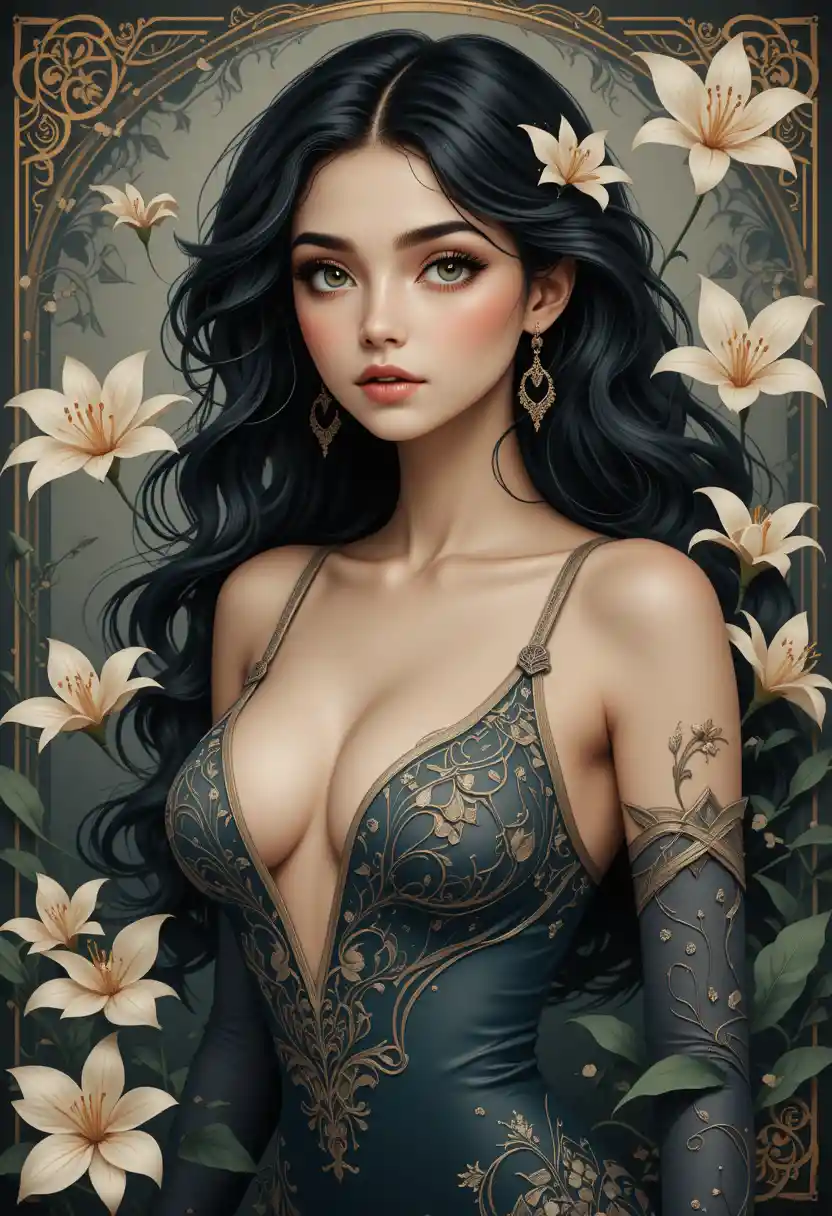 Art nouveau close up of a woman with lilies and vines