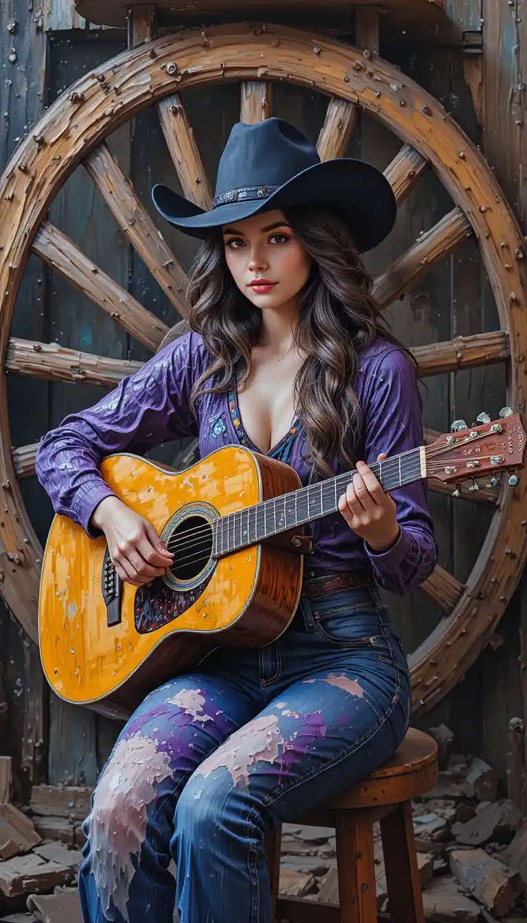 Woman in black cowboy hat playing guitar on stool
