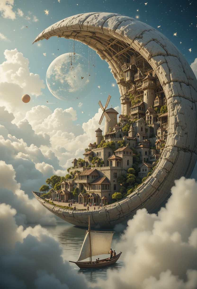 Whimsical city nestled inside a giant crescent moon