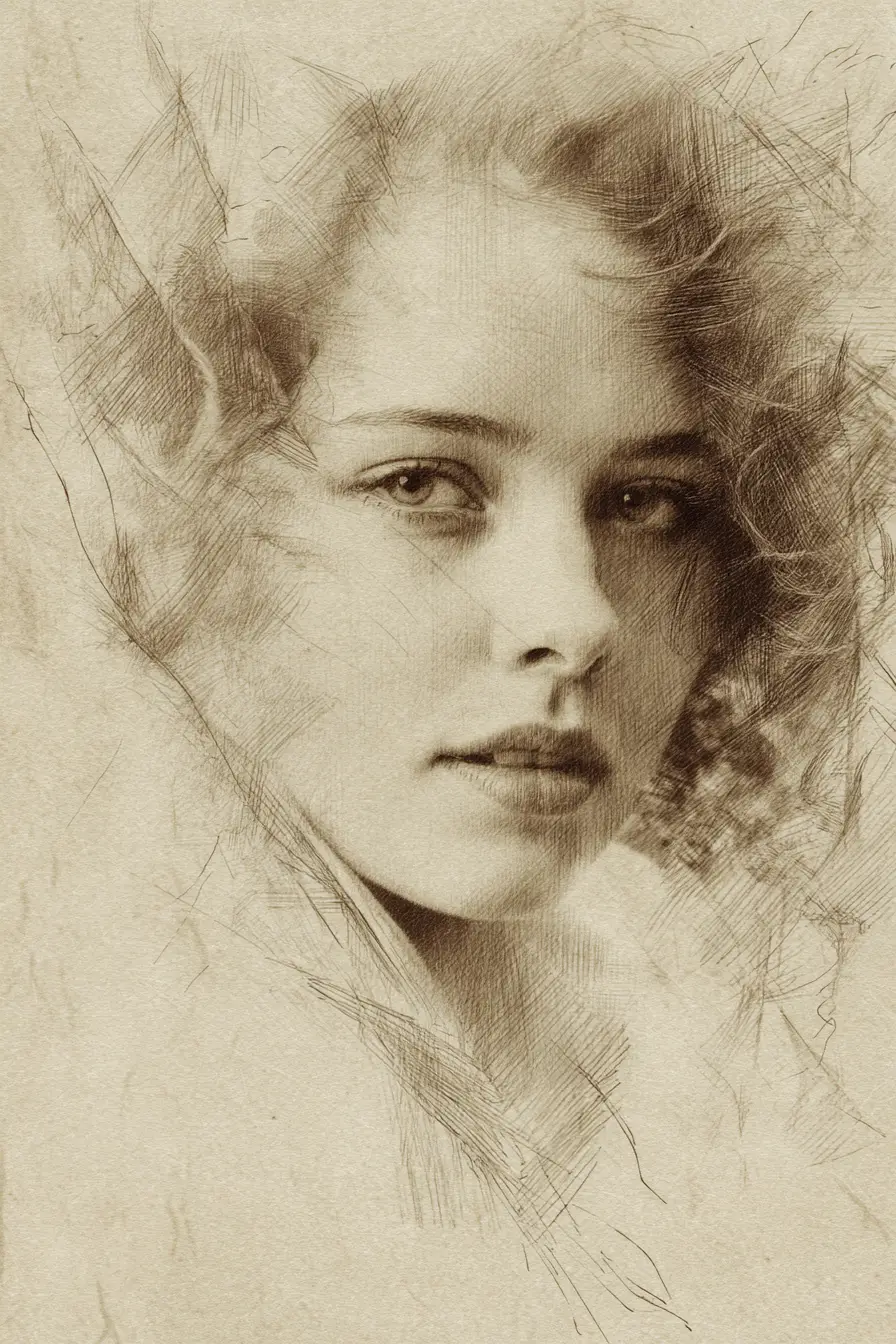 Expressive woman portrait in soft pencil style