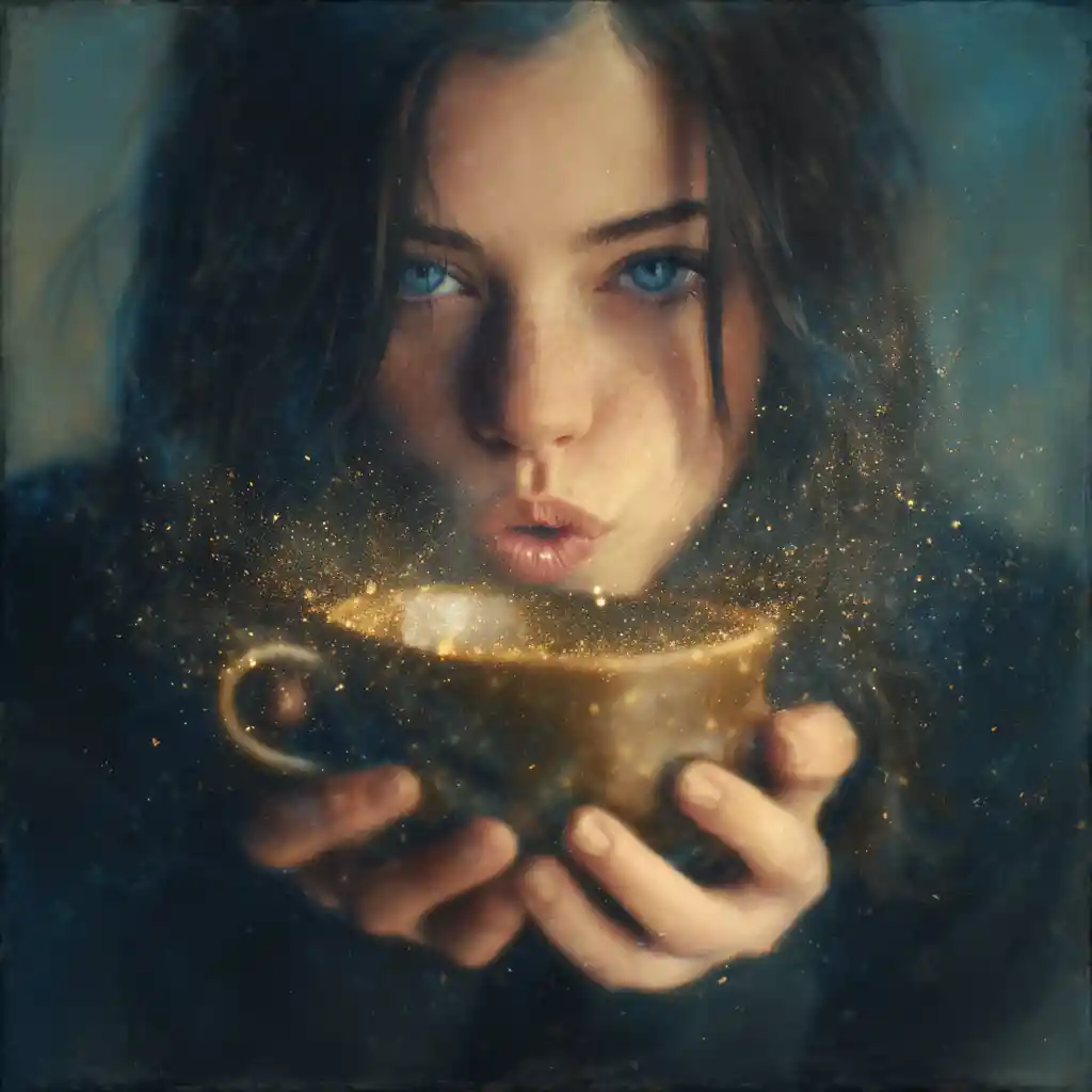 Woman blowing golden fairy dust into a coffee cup