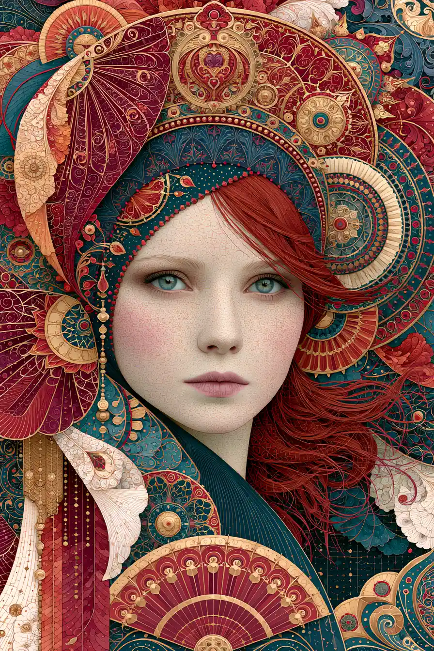 Whimsical fantasy girl portrait with intricate flowing ornaments