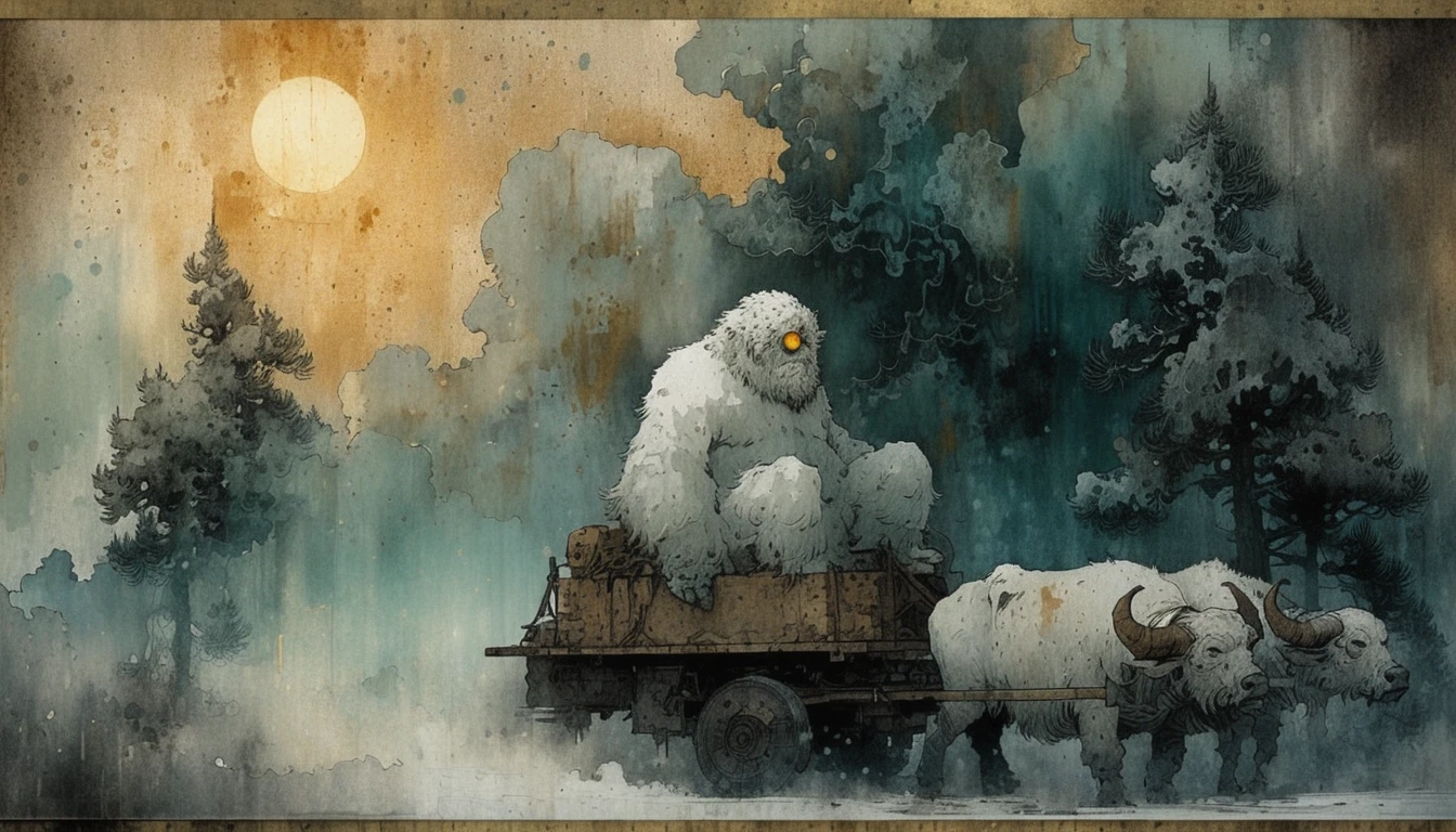 Giant one eyed white beast on wagon in snowy forest