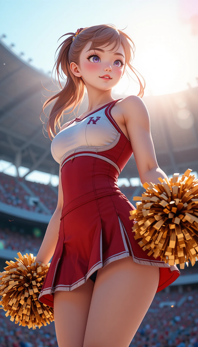 Anime cheerleader posing confidently in stadium sunlight