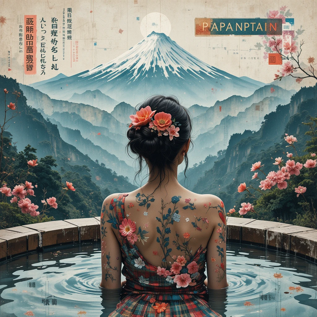 Woman in a Japanese hot spring gazing toward distant mountains