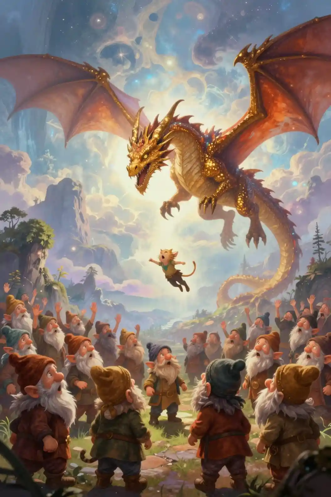 Gnome crowd staring upward at a looming dragon shadow