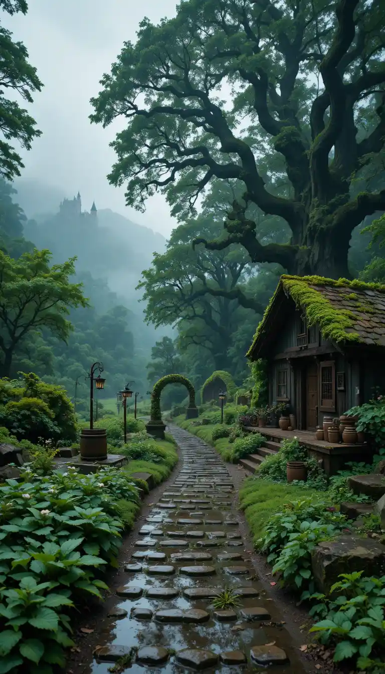Rain soaked forest path leading to an old mossy cottage