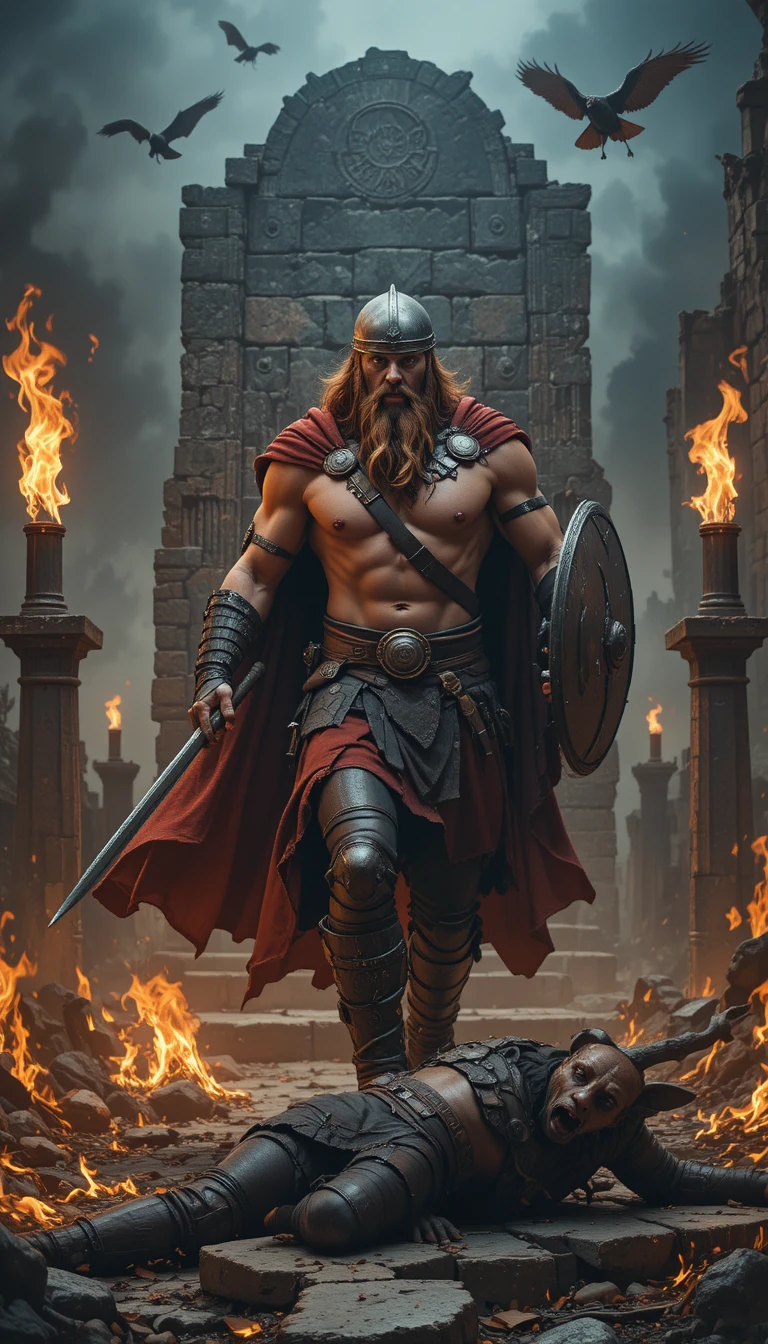 Viking king warrior striding through raging flames