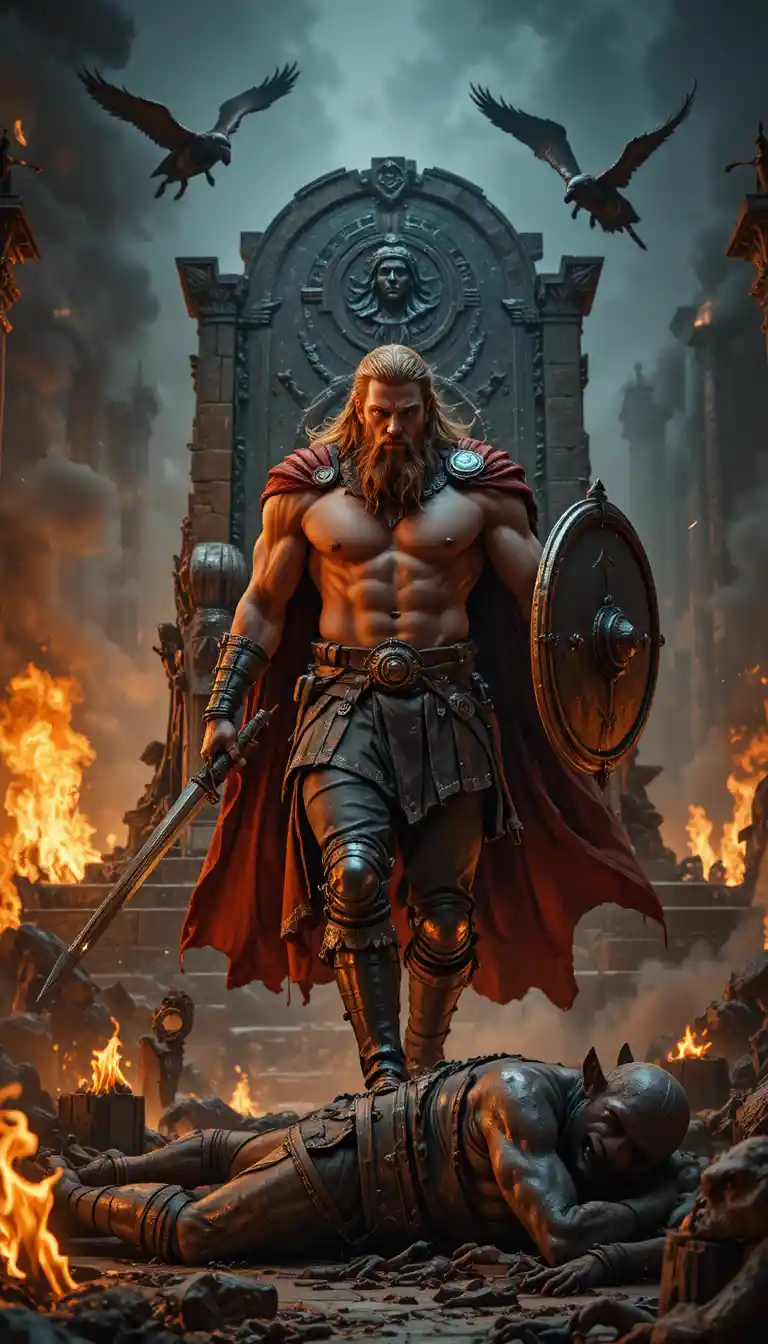 Viking king strides through flames from a ruined stone throne