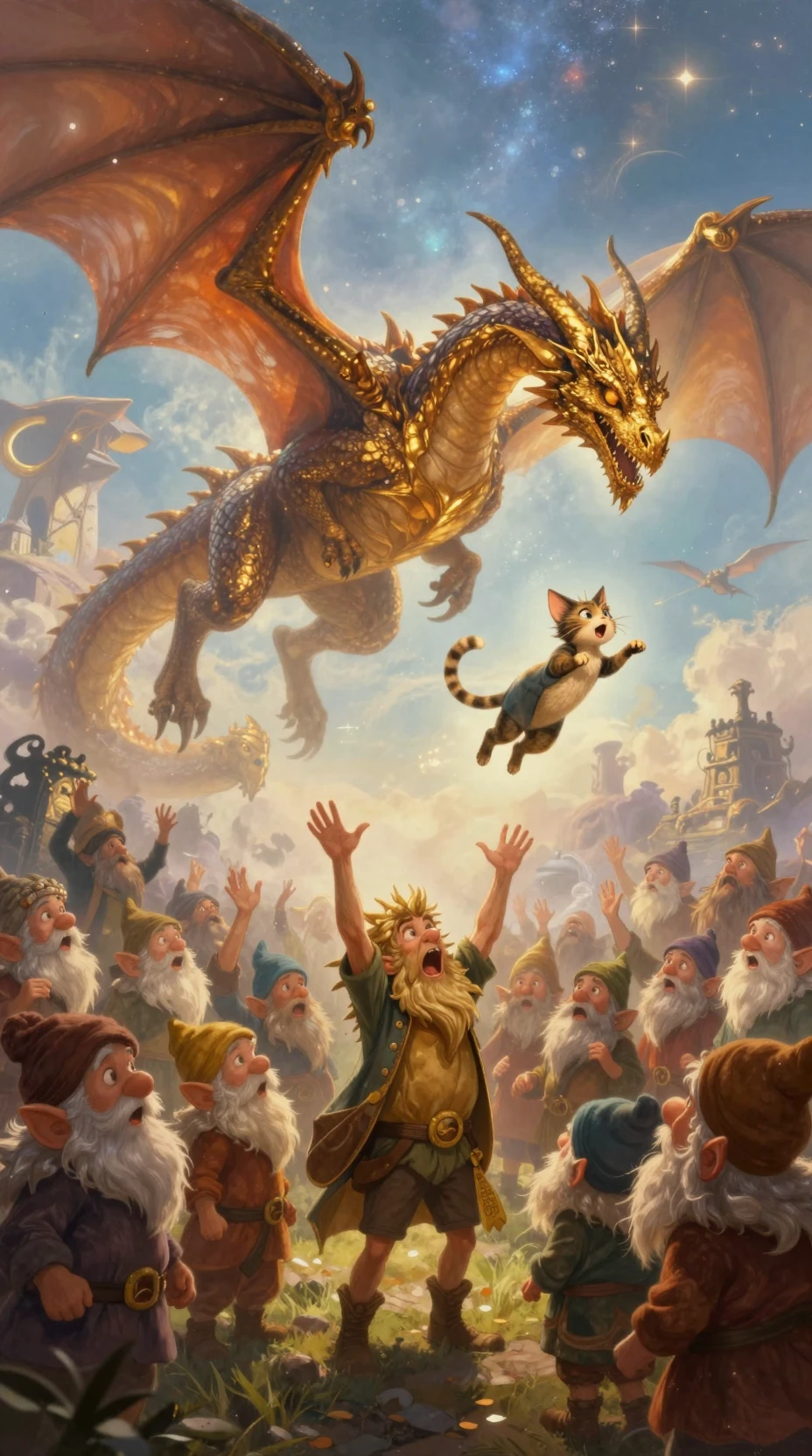 Gnome crowd staring upward at a looming dragon shadow