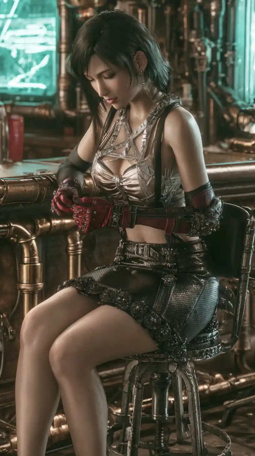 Warrior bartender woman tying gloves in industrial bar