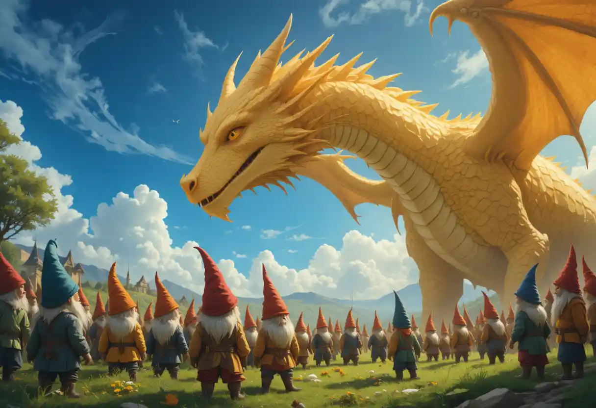 Gnome crowd staring upward at a looming dragon shadow