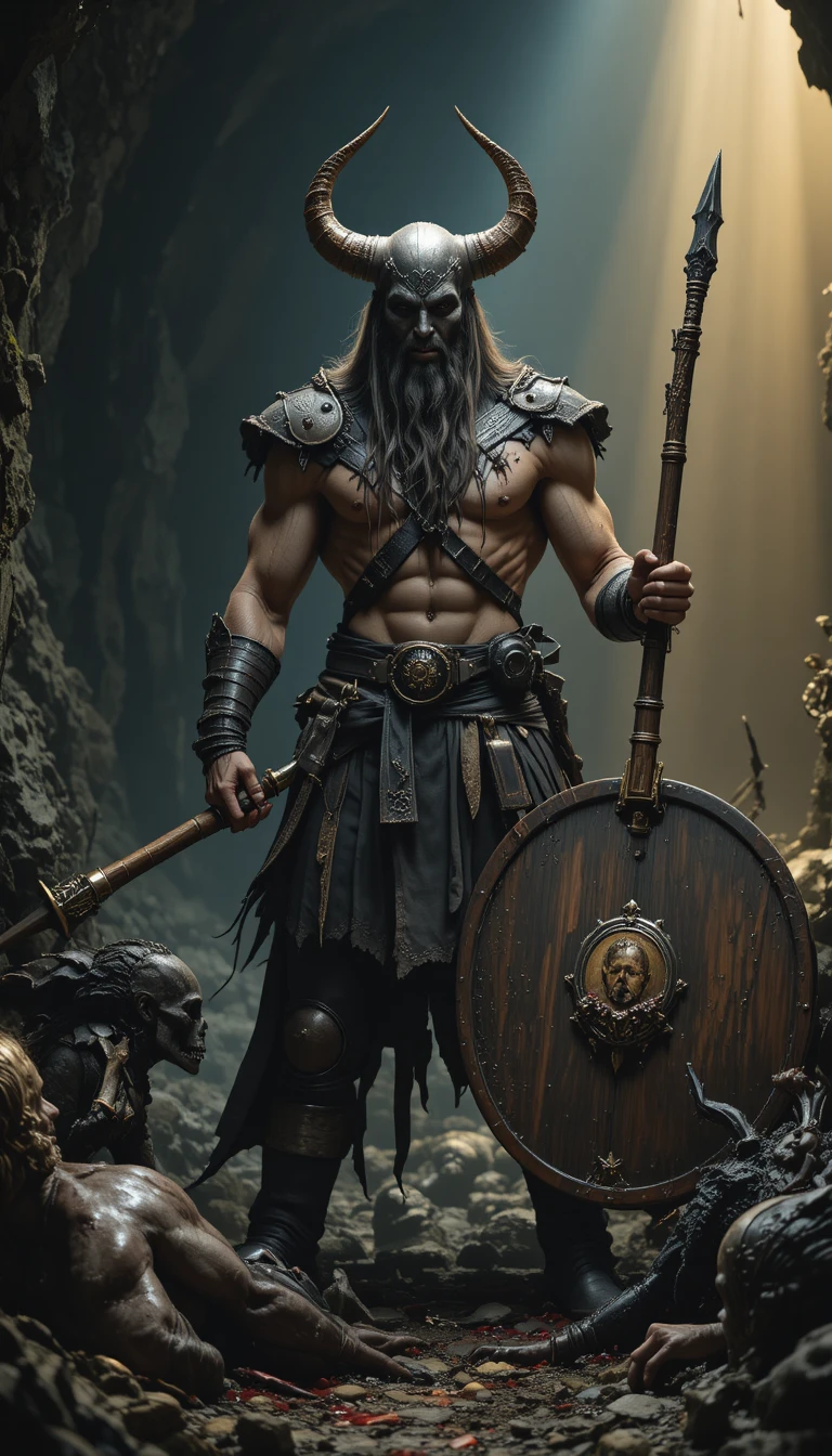 Barbarian warrior triumphant in a dark cavern