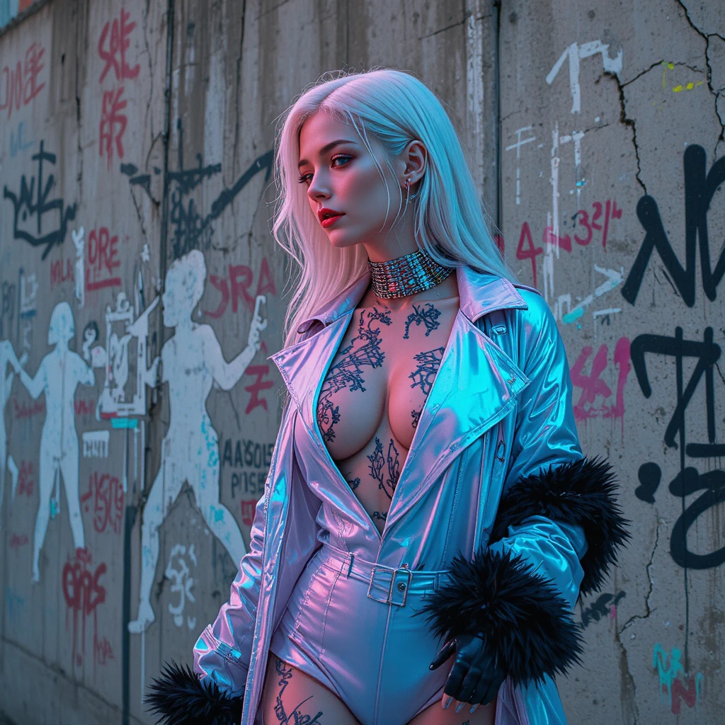 Cyberpunk-Frau neben dystopischer Betonflutbarriere