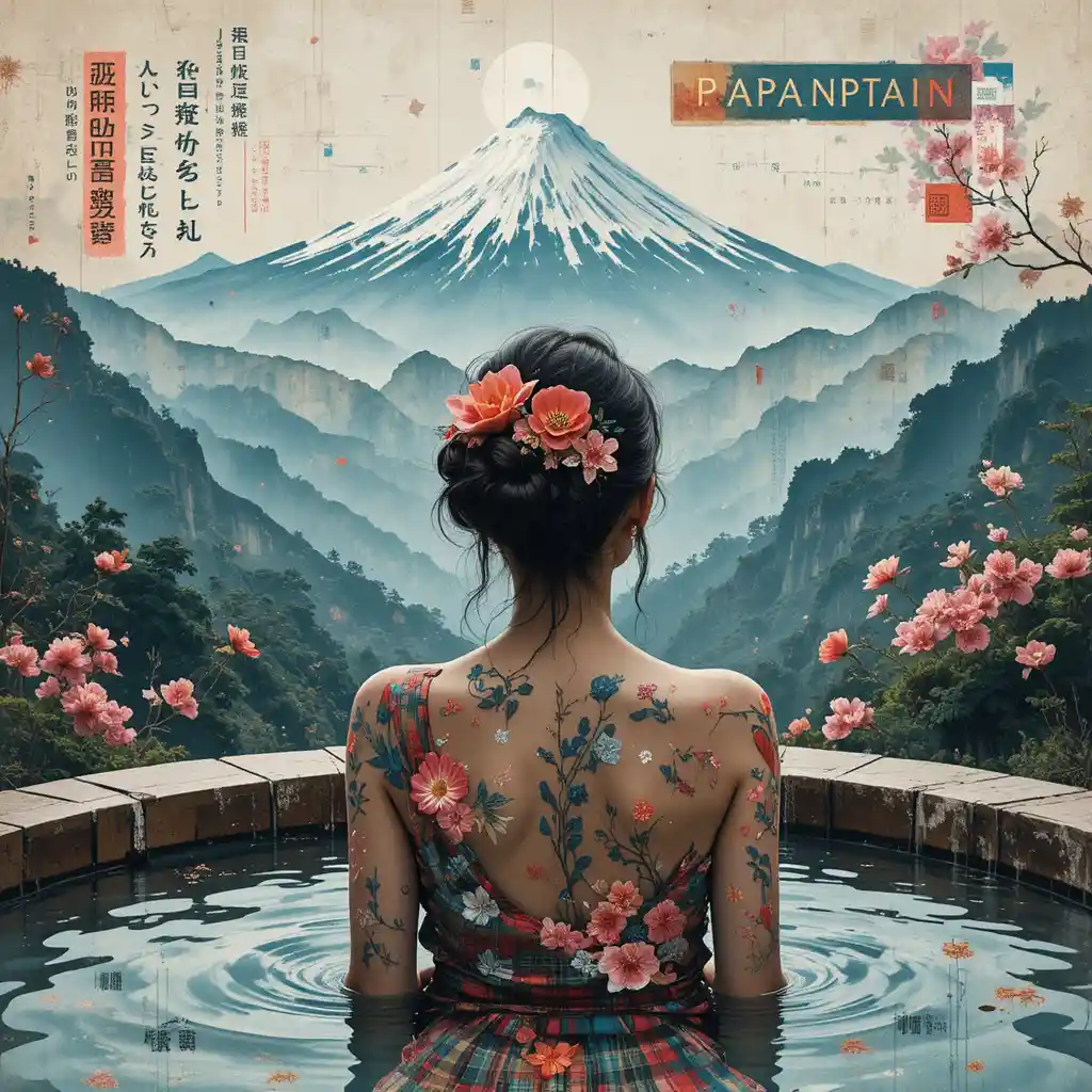 Woman in a Japanese hot spring gazing toward distant mountains