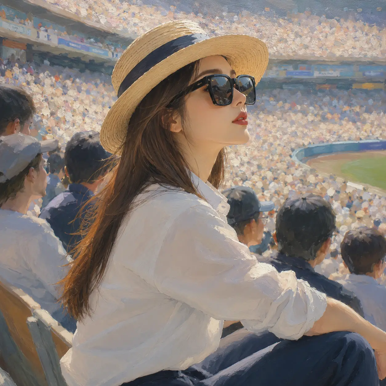 戴帽子的年輕女子在擁擠球場觀看比賽