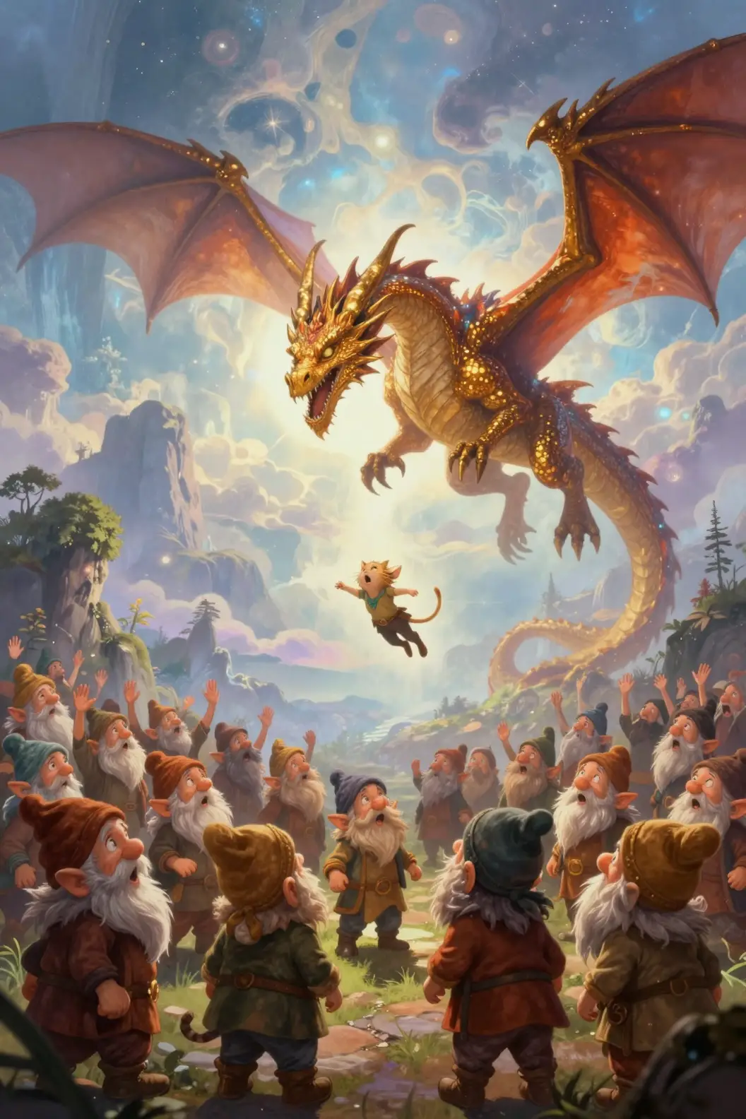 Gnome crowd staring upward at a looming dragon shadow