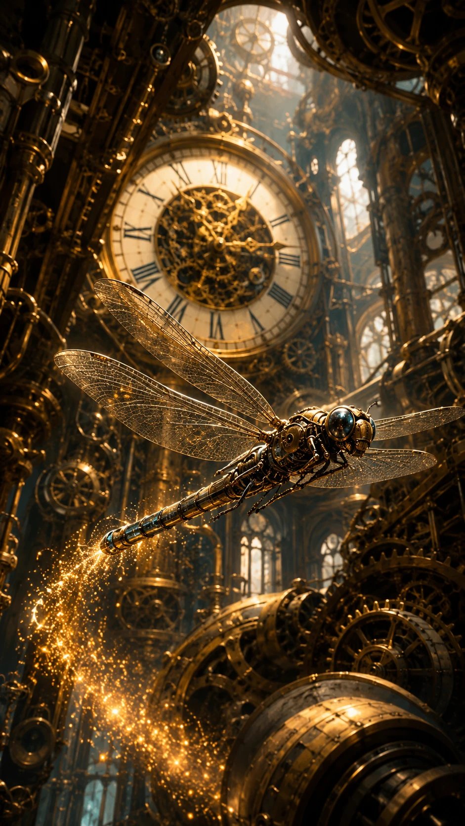 Mechanical dragonfly racing through gears in a living clock