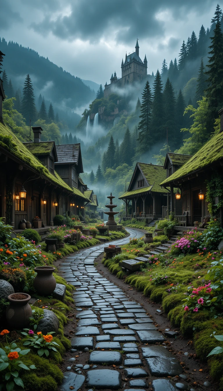 Rain soaked medieval village hidden in a forest valley