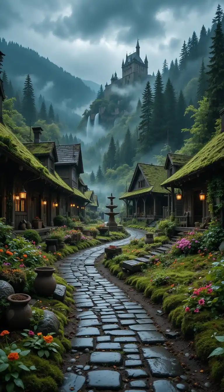 Rain soaked medieval village hidden in a forest valley