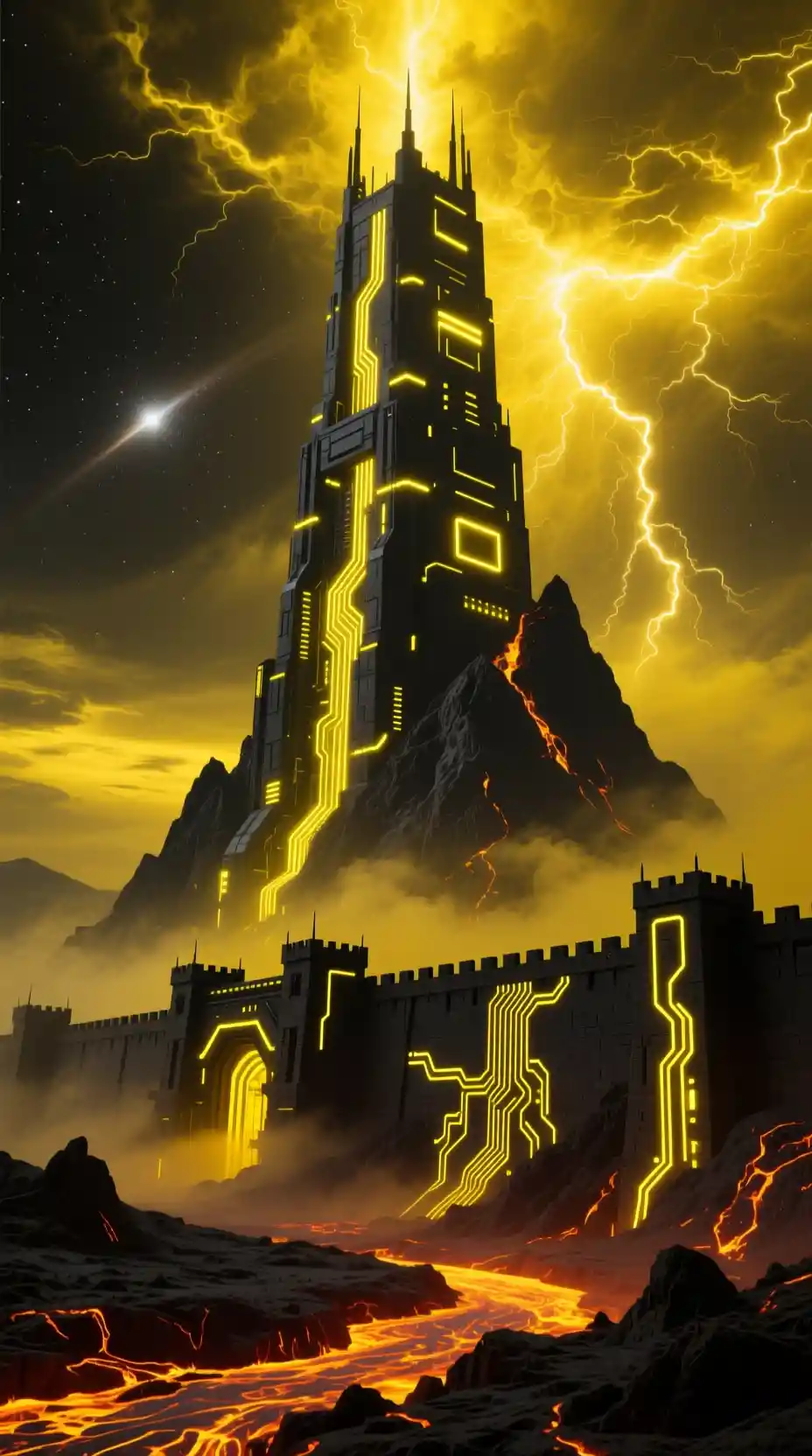 Enormous Futuristic Tower Rising Above Lava Fortress
