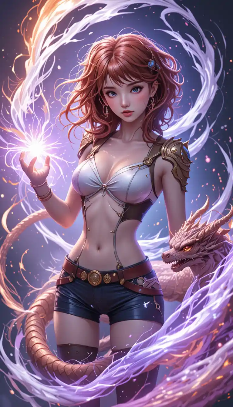 Anime mage woman wreathed in swirling elemental magic