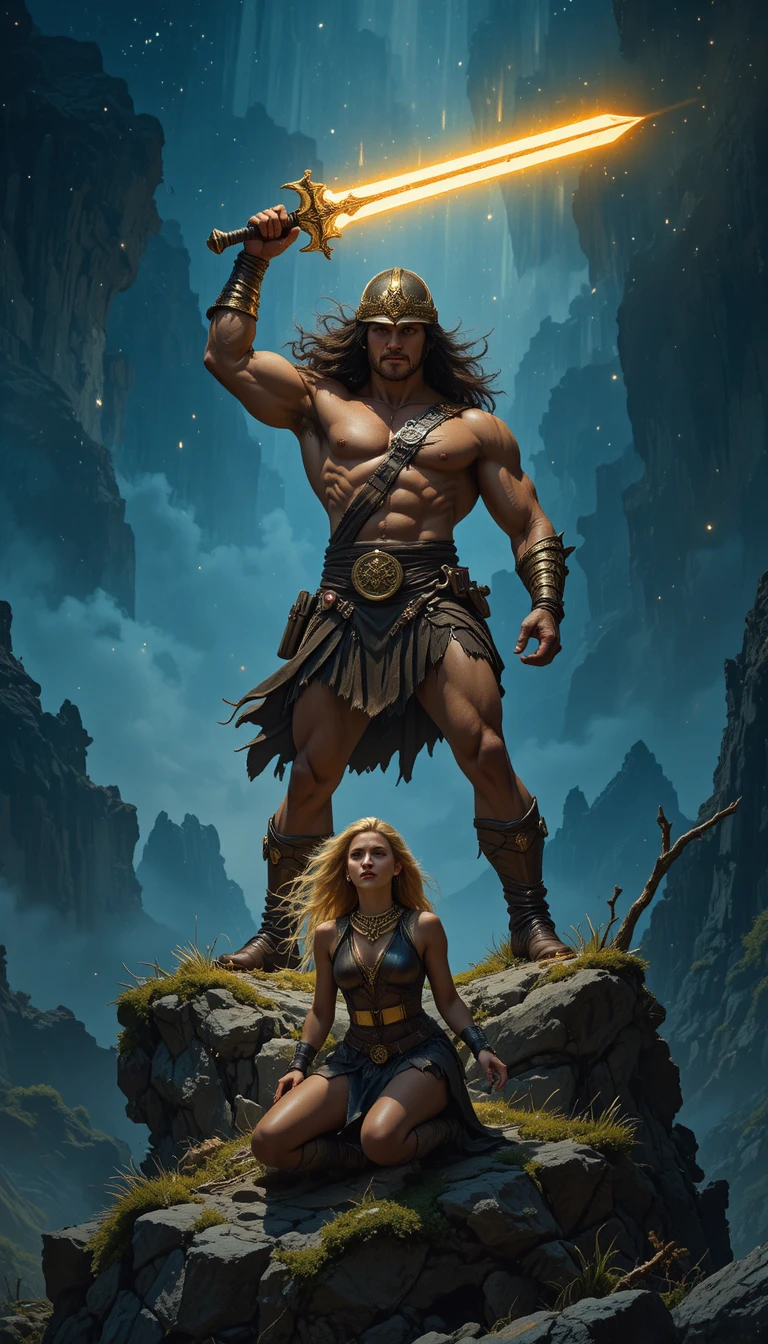 Barbarian warrior raising a glowing sword under night sky