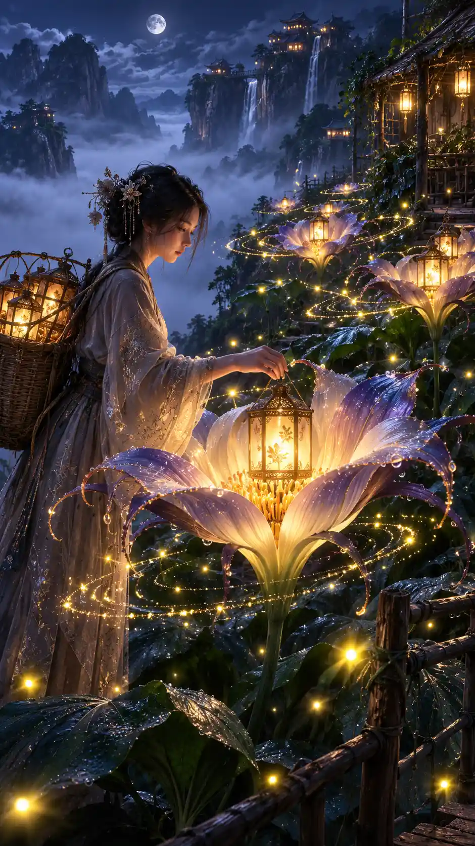 Mystical gardener tending giant night blooming lantern flowers