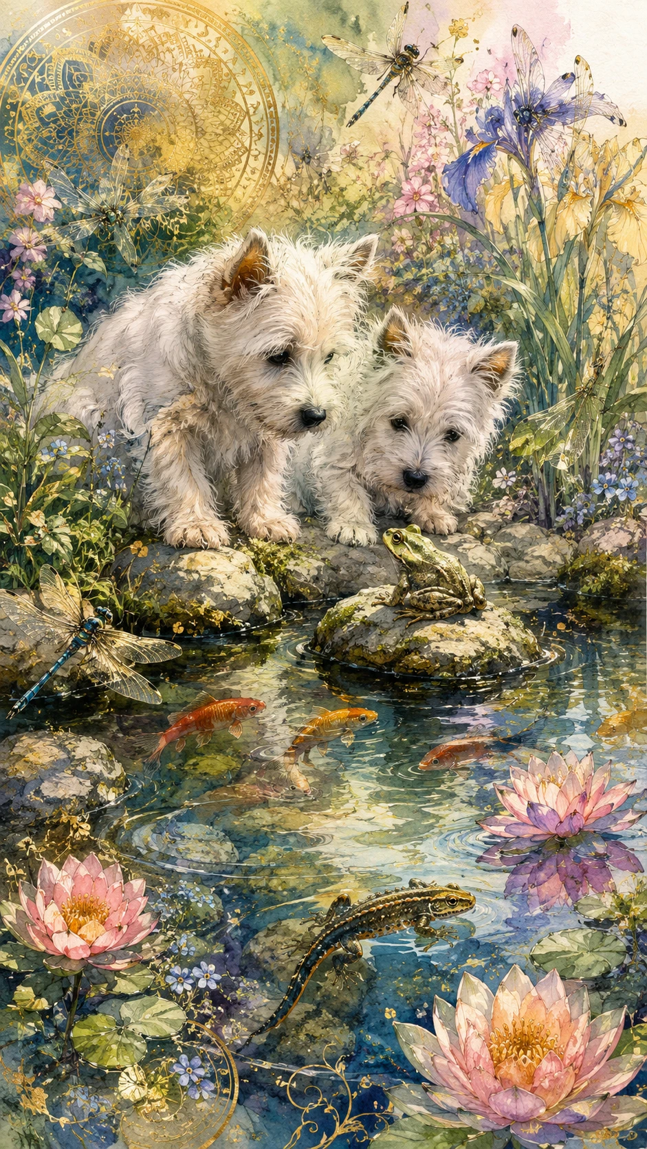 Two white terrier puppies watching a frog by garden pond