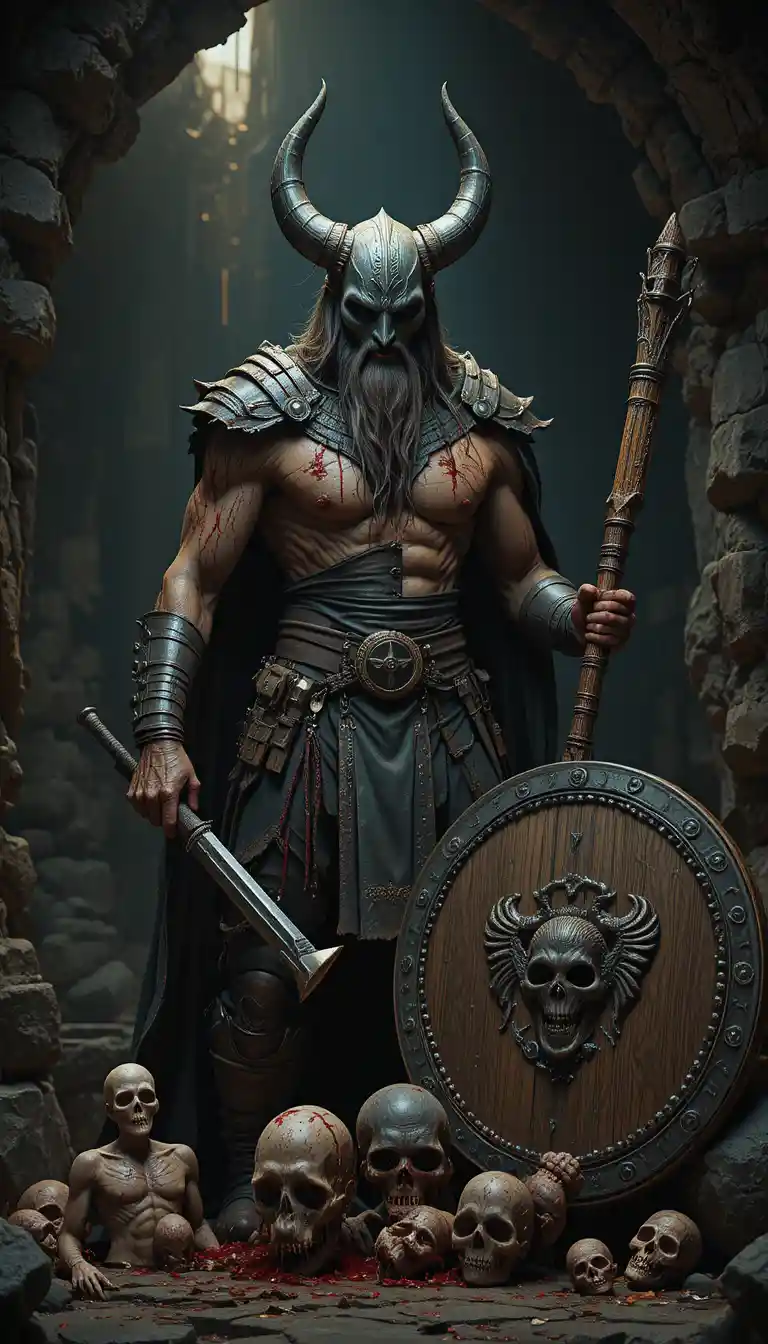 Barbarian warrior in cave with axe and shield