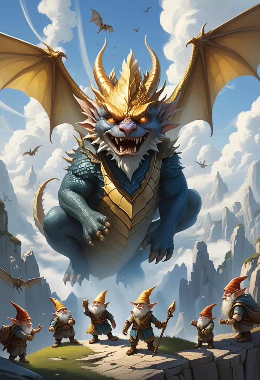 Gnome crowd staring upward at a looming dragon shadow