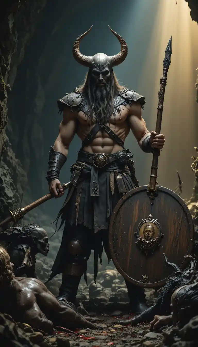 Barbarian warrior triumphant in a dark cavern