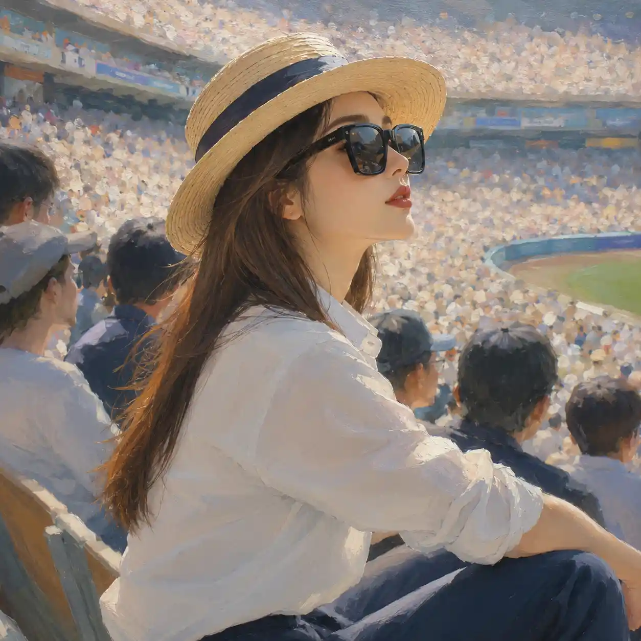 Young woman in hat watching a game in crowded stadium
