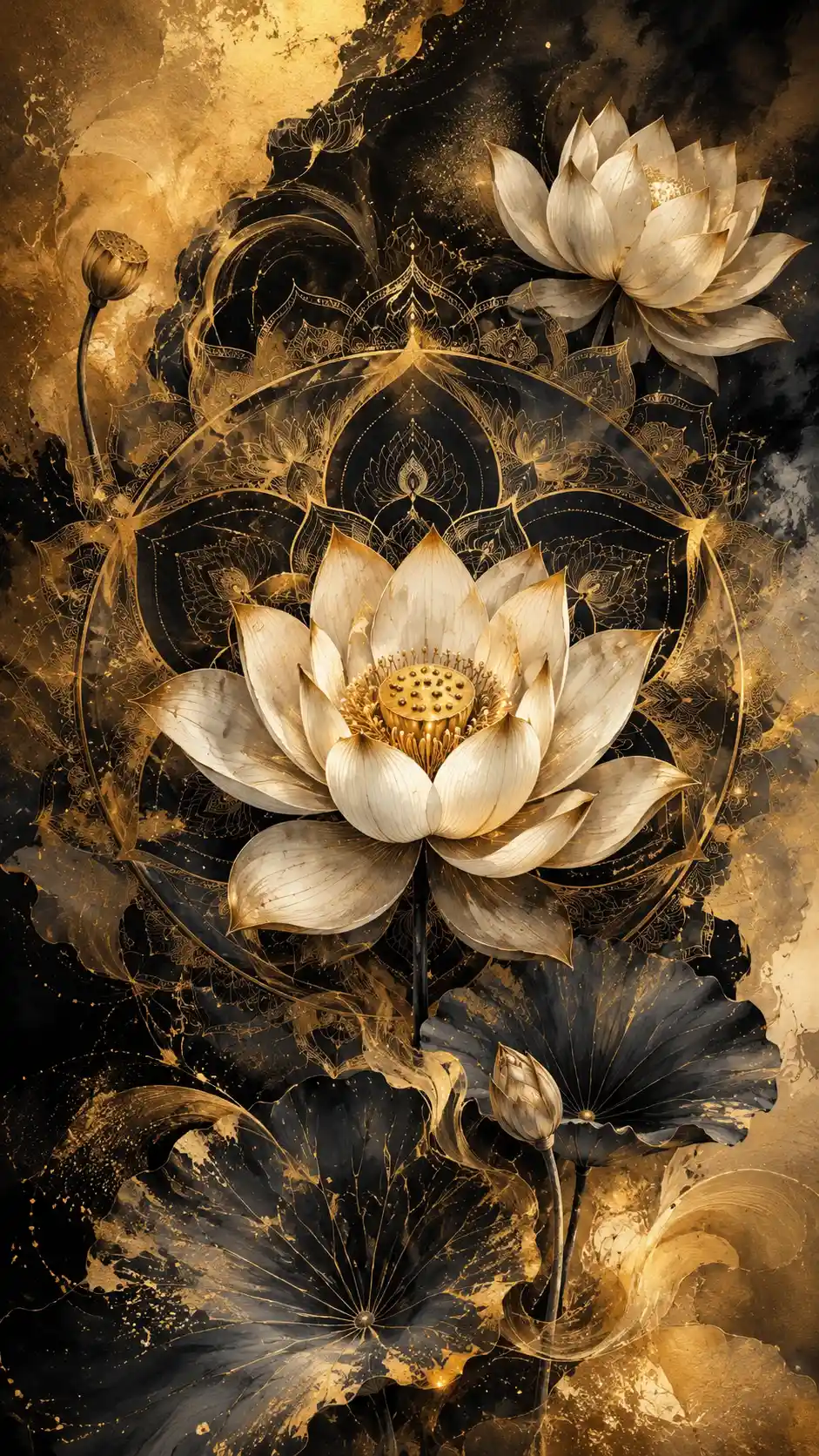Mandala lotus illustration with golden floral accents