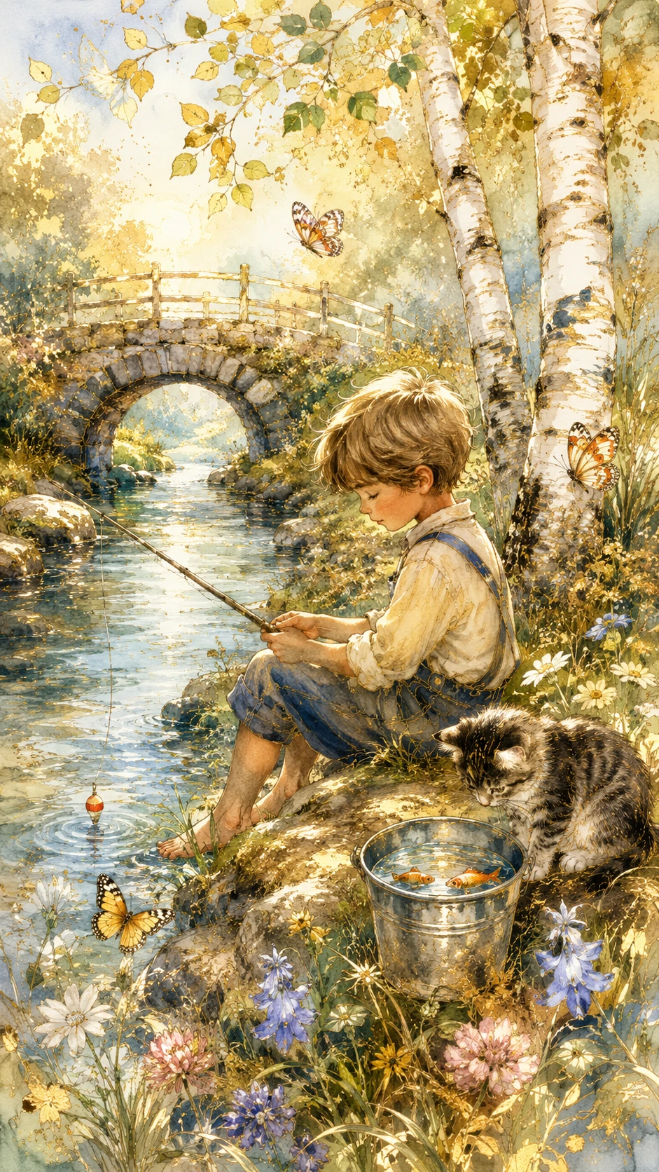 Niño pescando junto a un tranquilo puente sobre el río