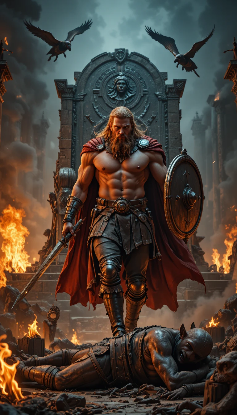 Viking king strides through flames from a ruined stone throne
