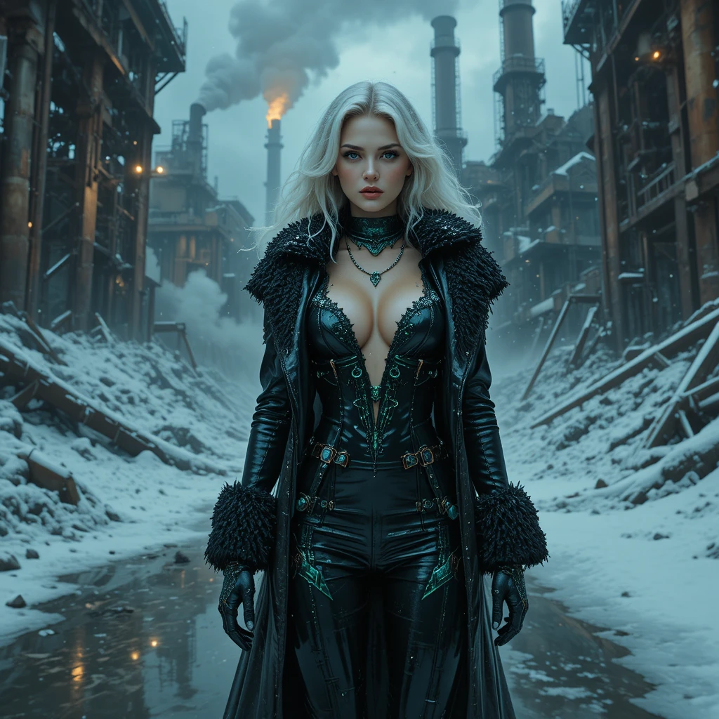 Cyberpunk woman in snow covered industrial ruins