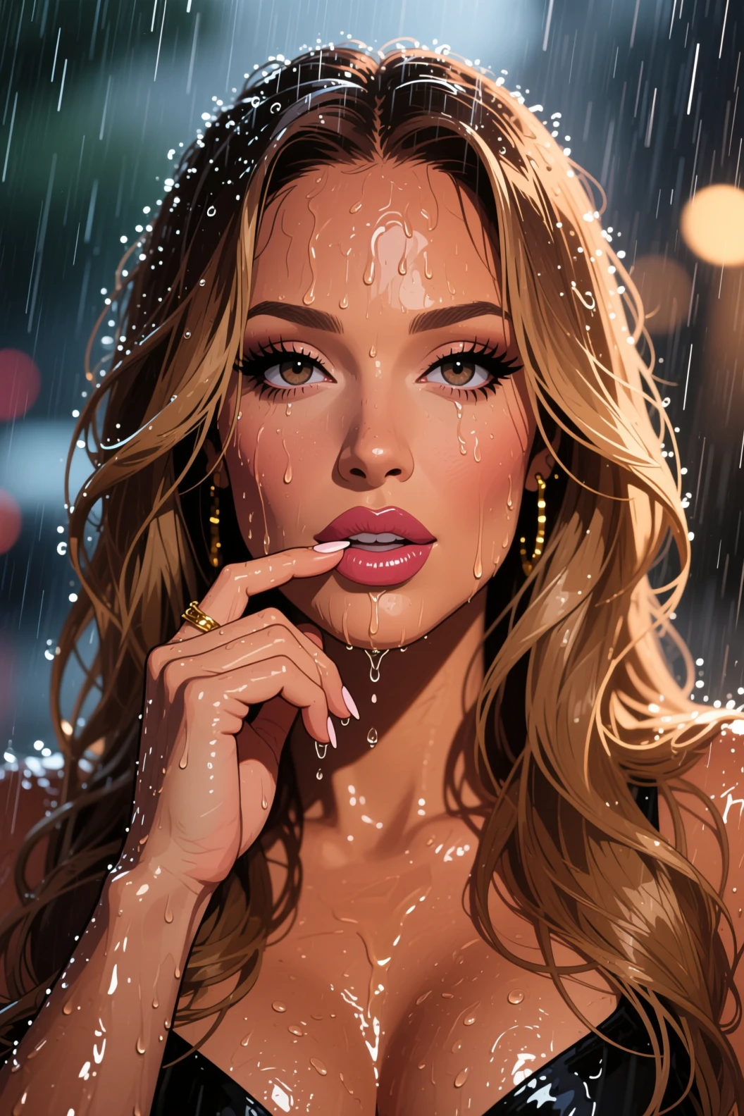 Anime woman drenched in warm rain touching her wet lips