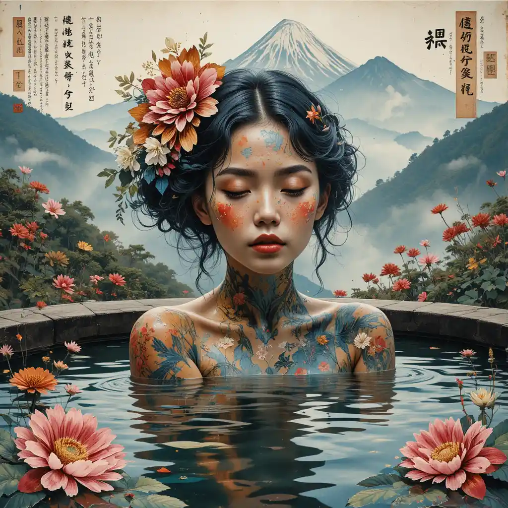 Woman in a traditional hot spring watching distant Japanese mountains