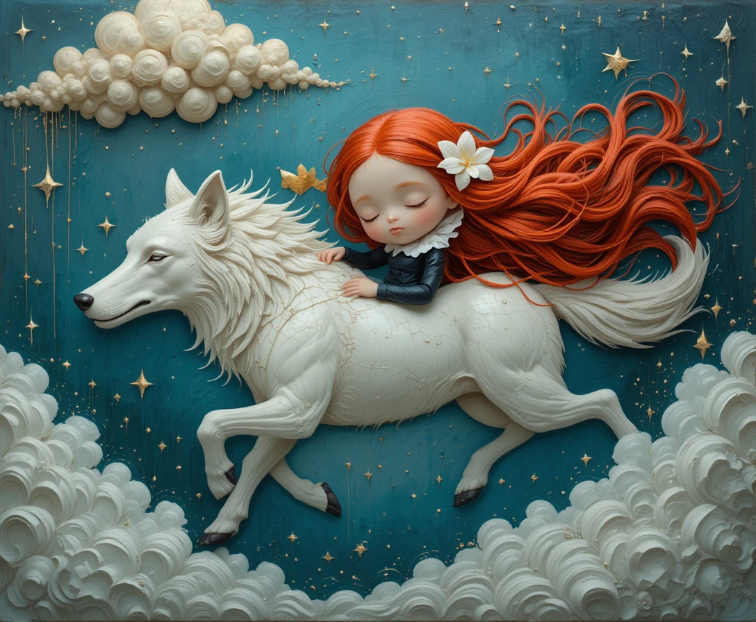 Sleeping girl on flying white wolf in surreal night sky