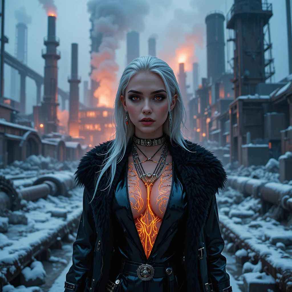 Cyberpunk femme fatale in frozen industrial ruins