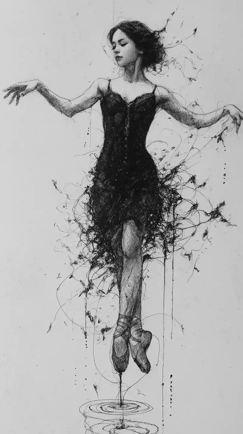 Ätherische Tänzerin im turbulenten Graphitwirbel – Skizze