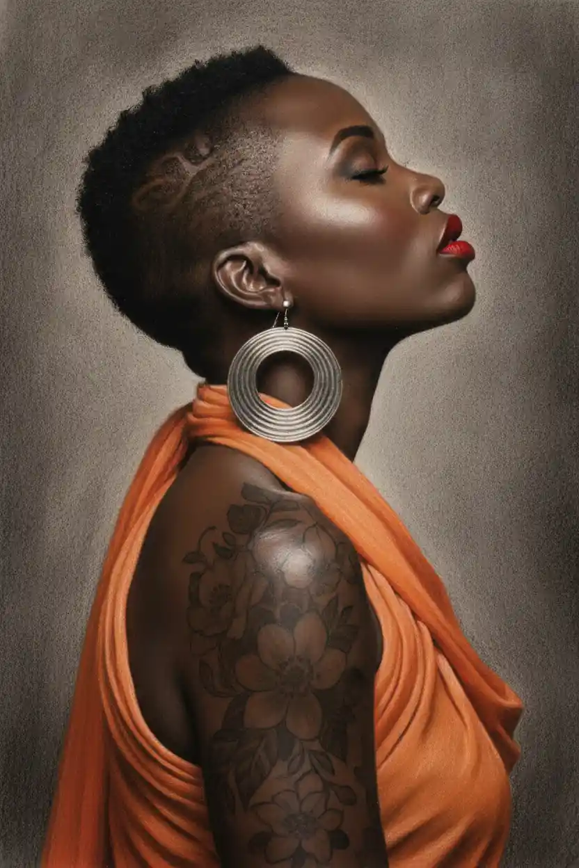 Profile portrait of a serene black woman with red lips