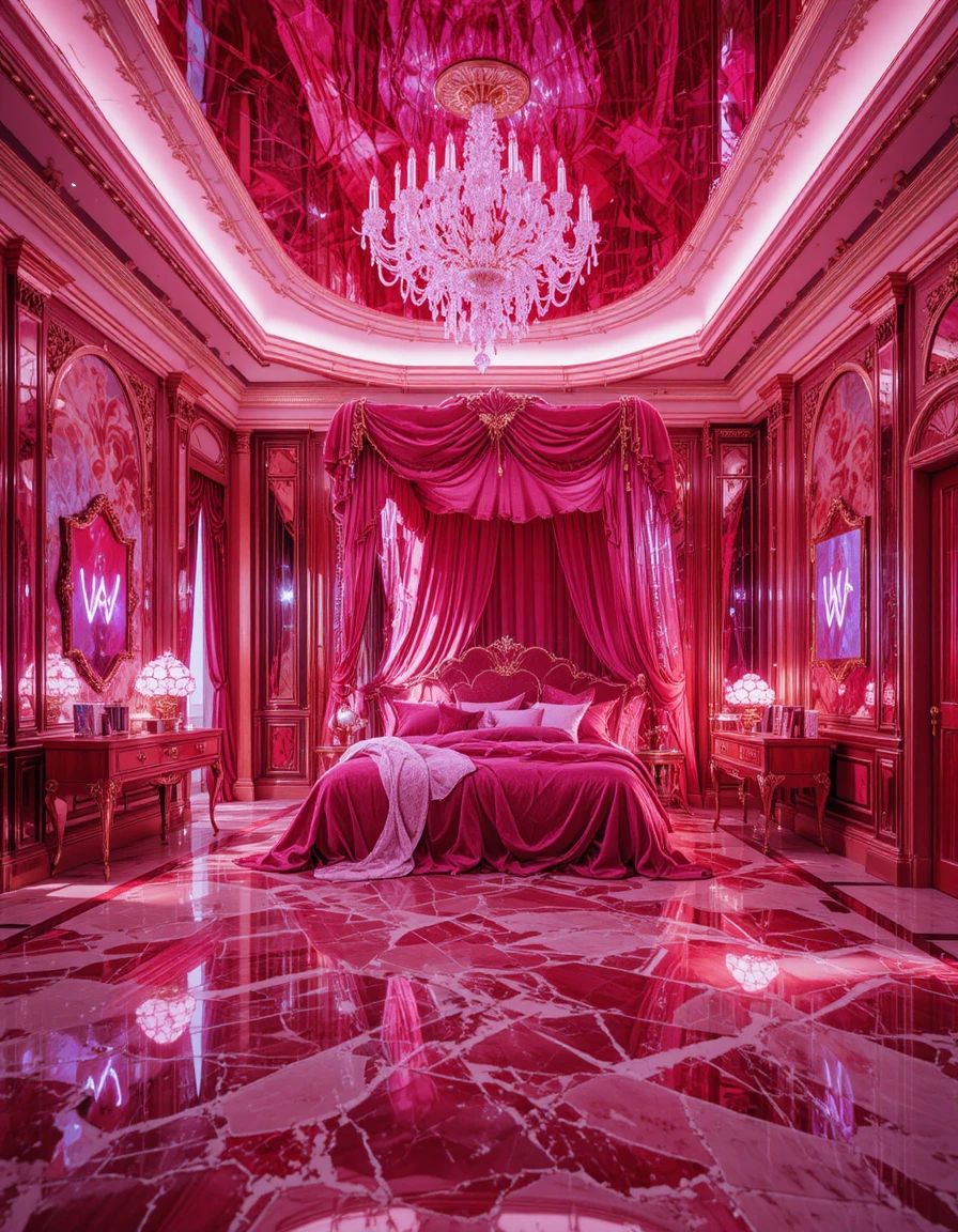 Luxurious ruby crystal bedroom with canopy bed and neon glow
