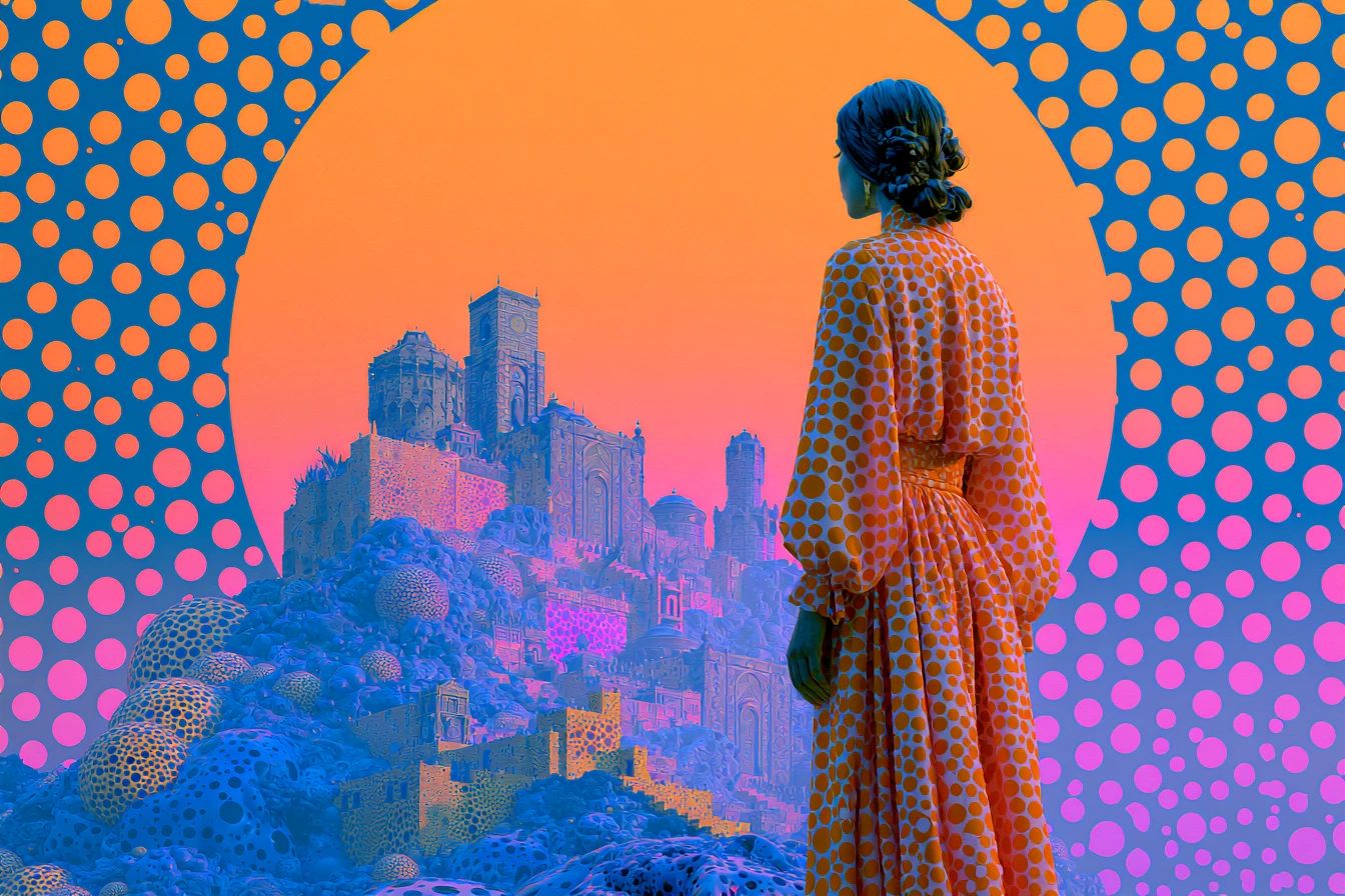 Surreal fantasy city of Atlantis in colorful cosmic style