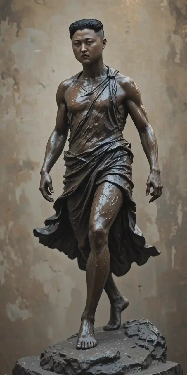 Bronze sculpture of a running man in dynamic soft light