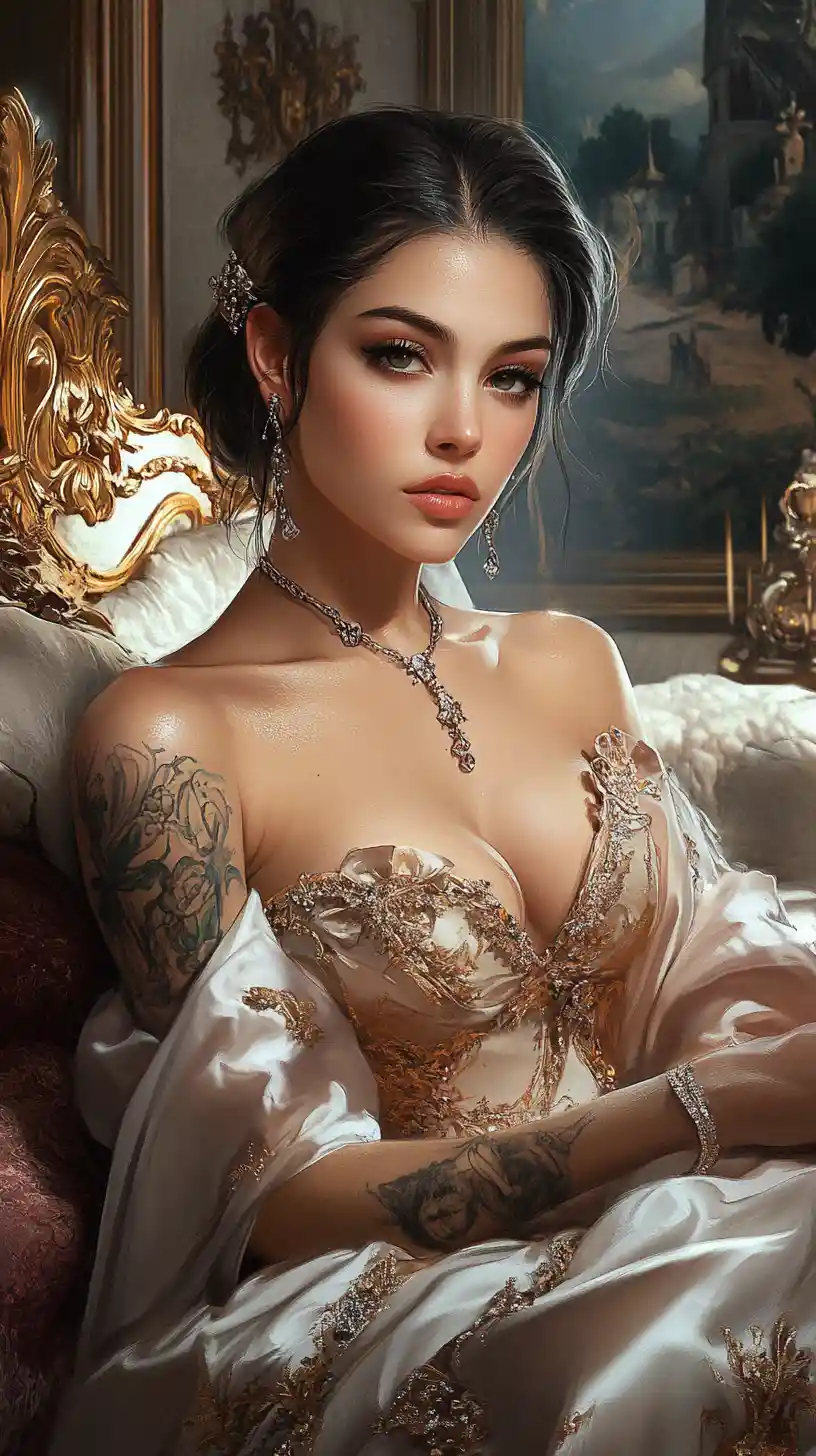 Elegant tattooed woman in a luxurious fantasy bedroom