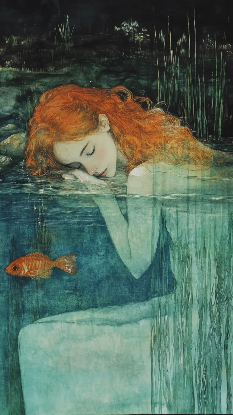 Red haired girl dreaming in turquoise split view water