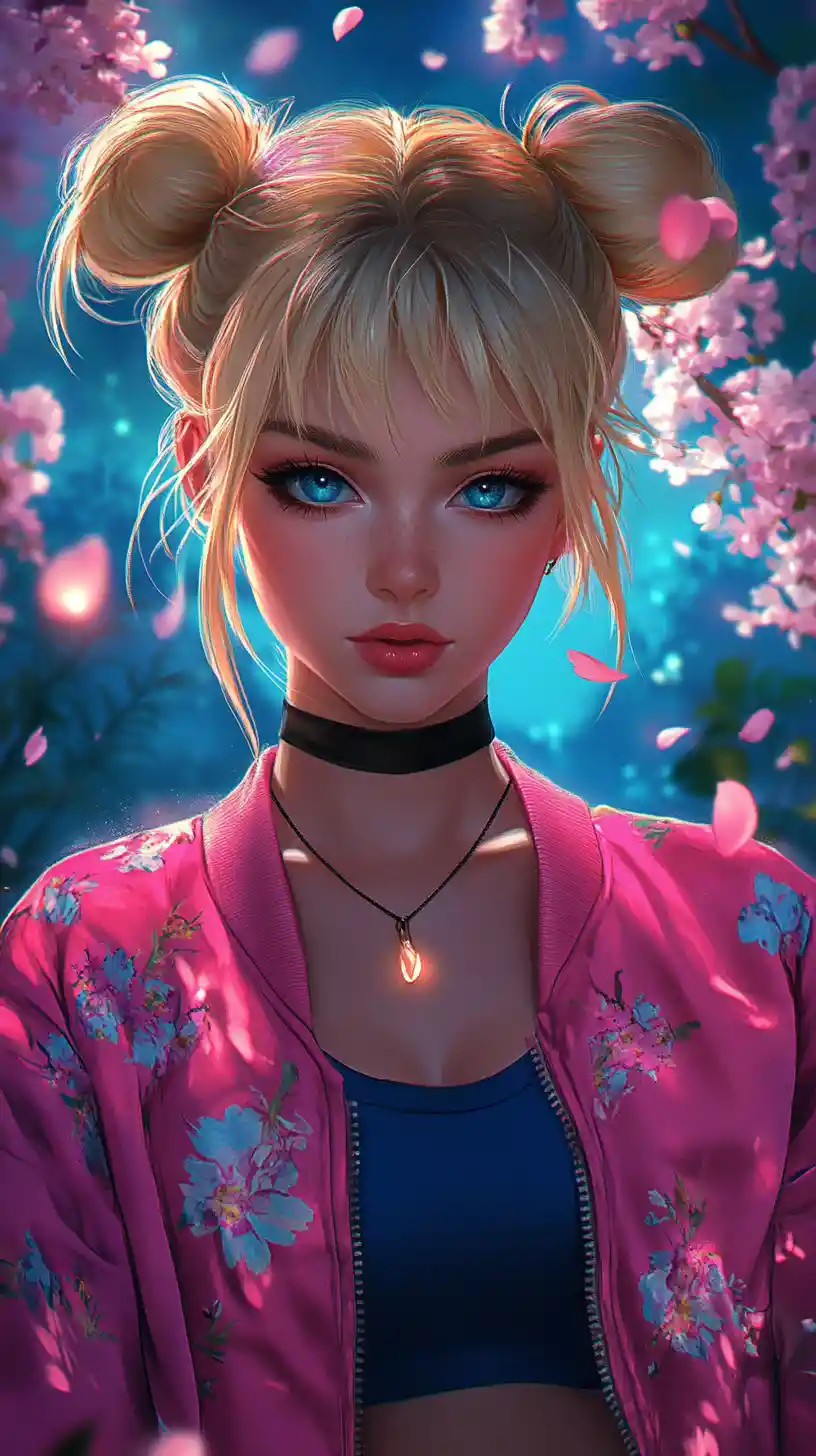 Blonde anime girl in pink jacket in glowing night forest