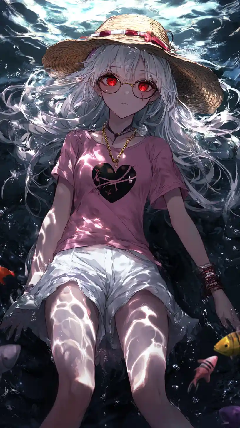 Sad anime girl falling with glowing trail in darkness